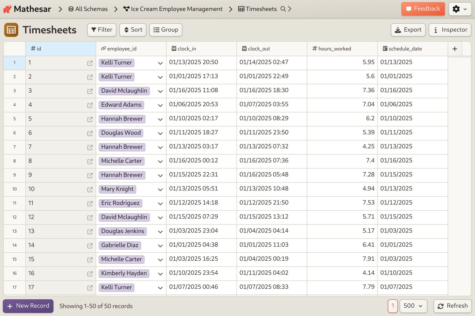 Employee Timesheets primary data table screenshot