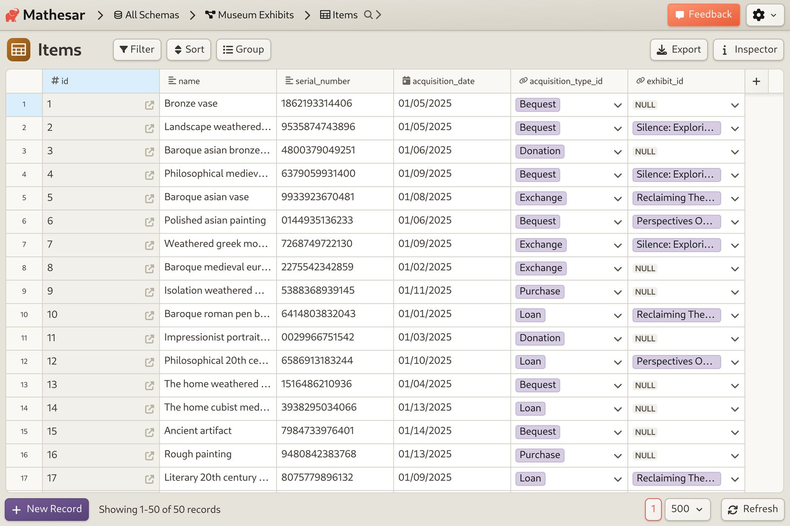 Museum Database primary data table screenshot
