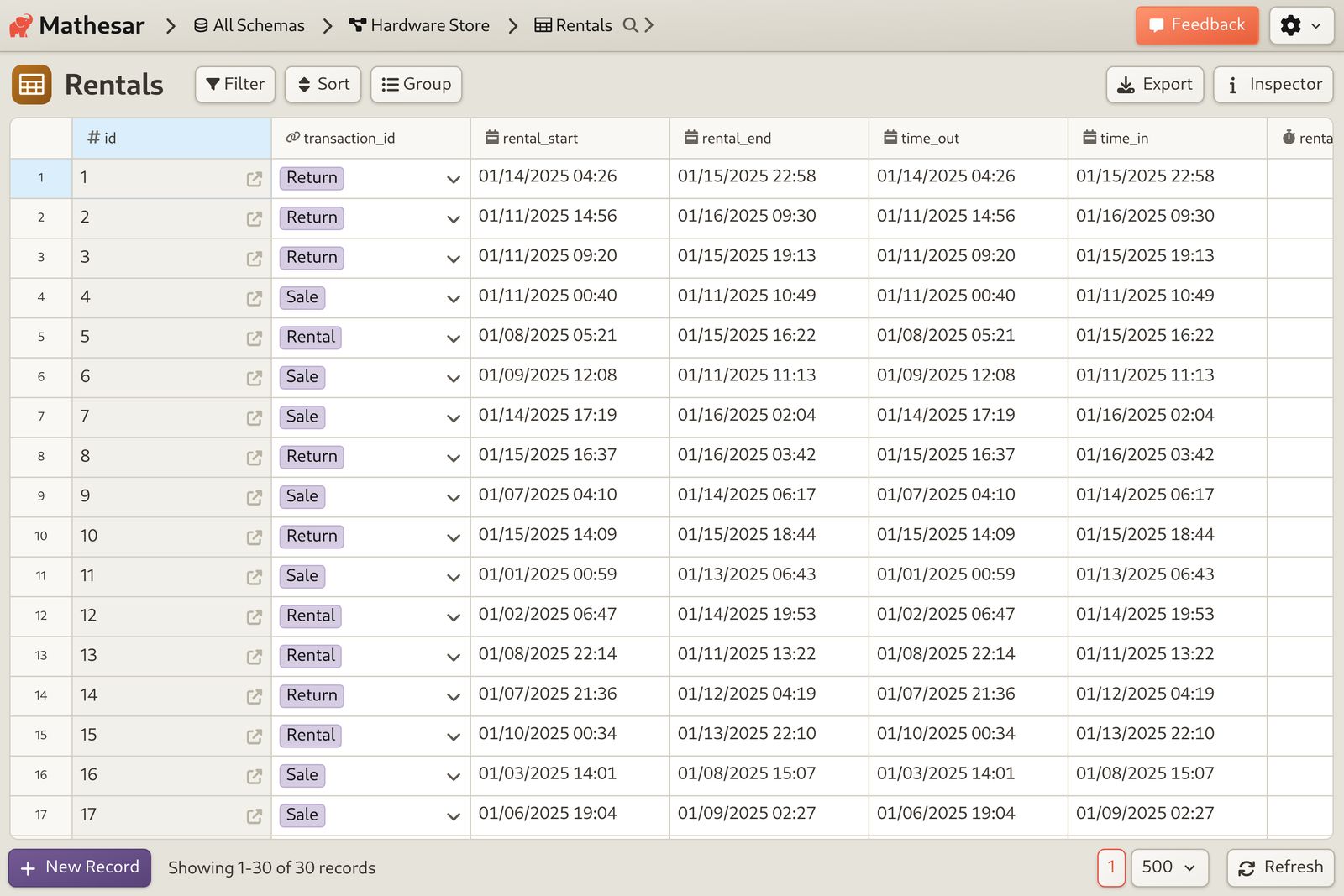 Hardware Store Chain primary data table screenshot