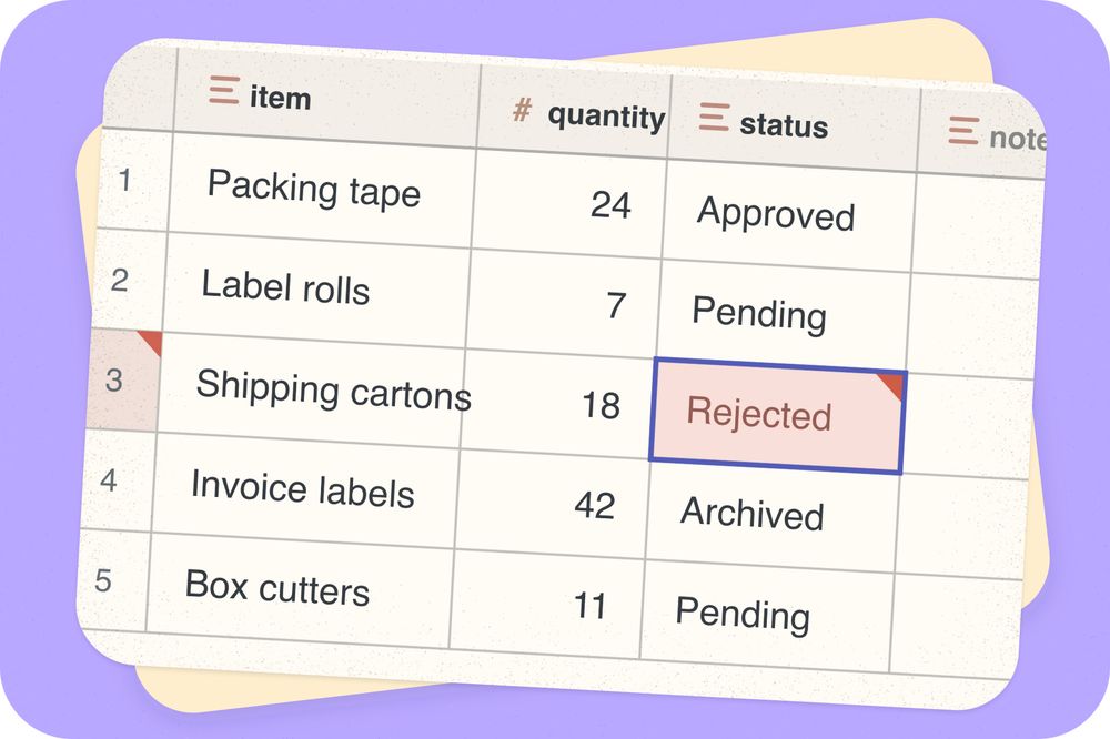Data table showing an invalid status value
