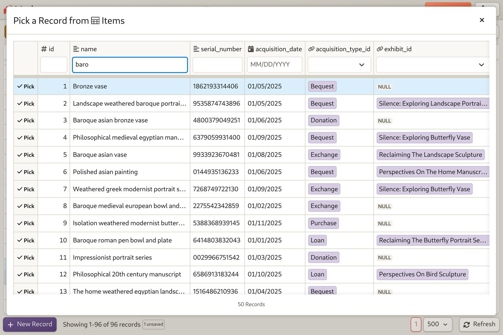 Museum Database: Find items and add them to a collection.