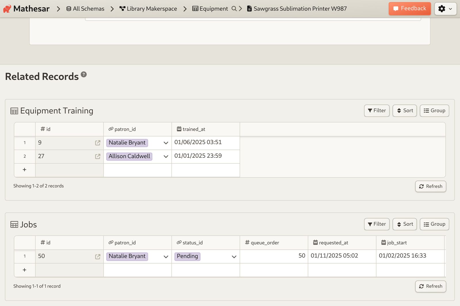Makerspace Dashboard: See the makerspace usage history for a given patron.
