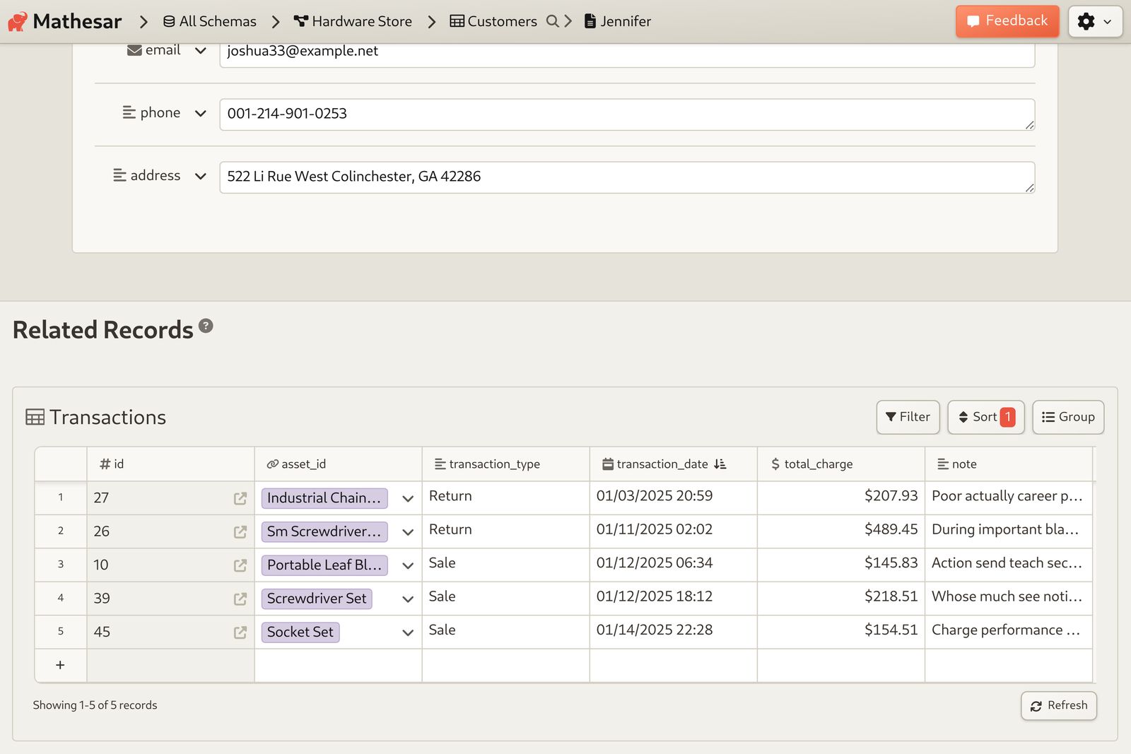 Hardware Store Chain: View all related transactions for a single customer.
