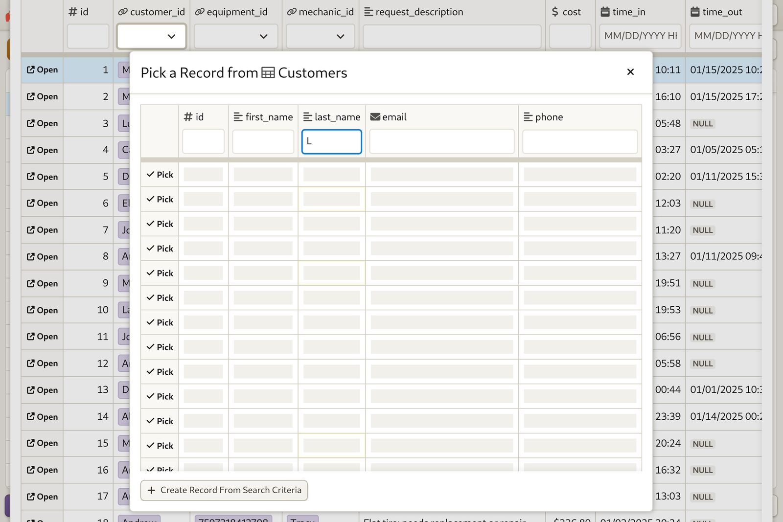 Bike Shop Service: Search for service orders using multiple fields.