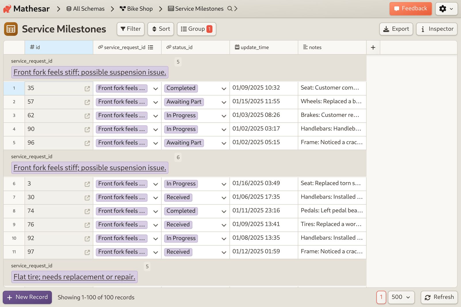 Bike Shop Service: Export data to review service performance and trends.